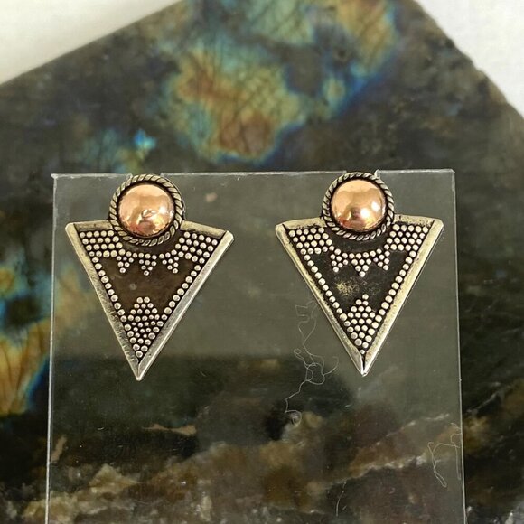 Sterling Silver 925 Gold Vermeil Bali Style Mixed Metal Triangle Stud Earrings - Picture 1 of 16